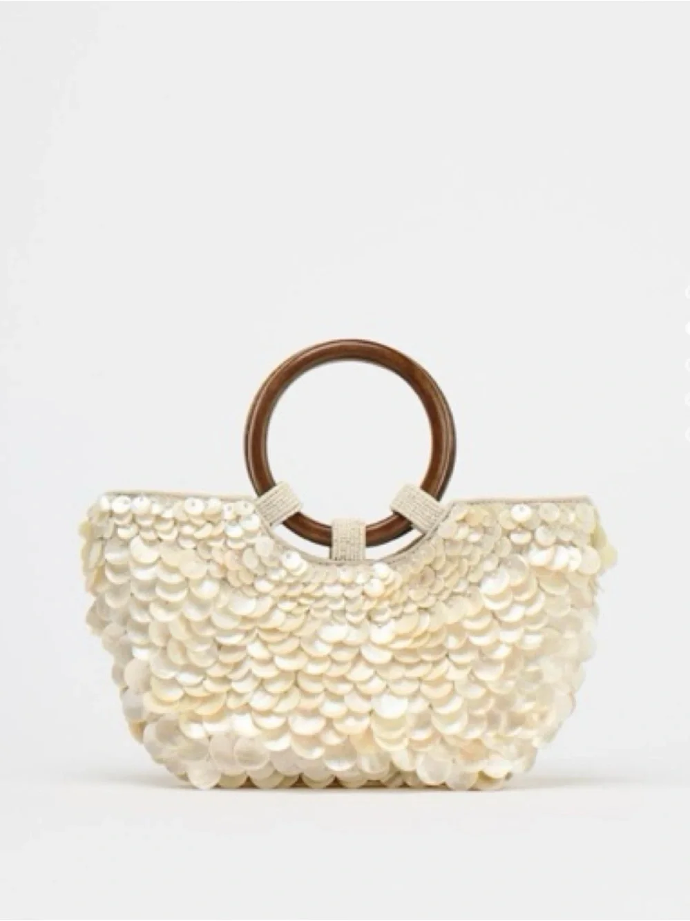 Zara Cream Sequin Circle-Handle Tote Bag